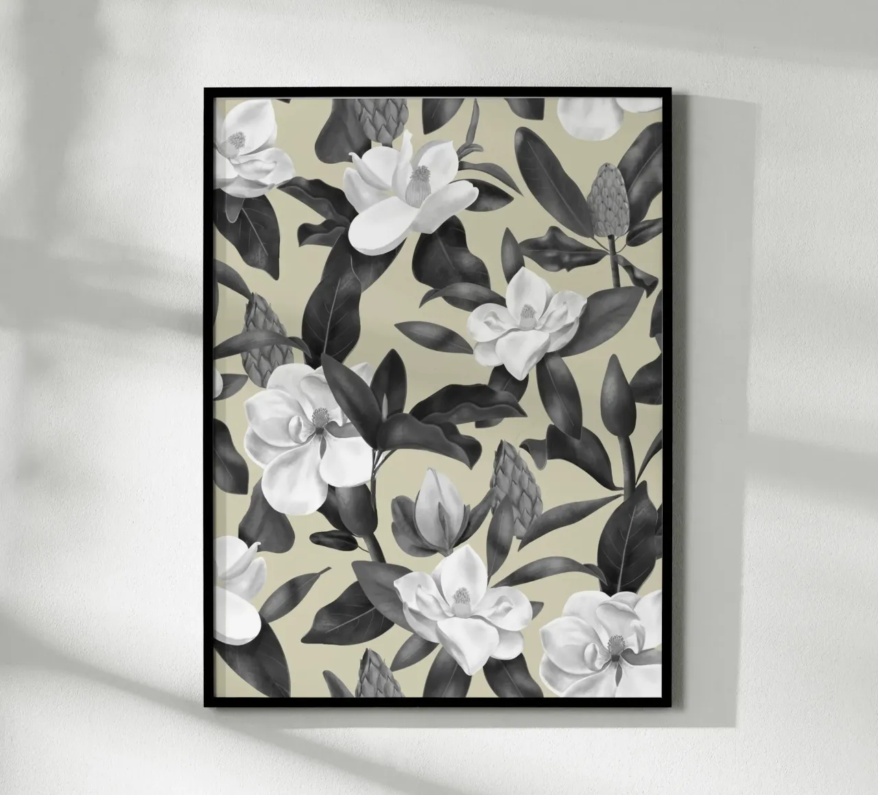 Magnolias Flowers Beige Pattern poster with plastic frame by anisillustration
