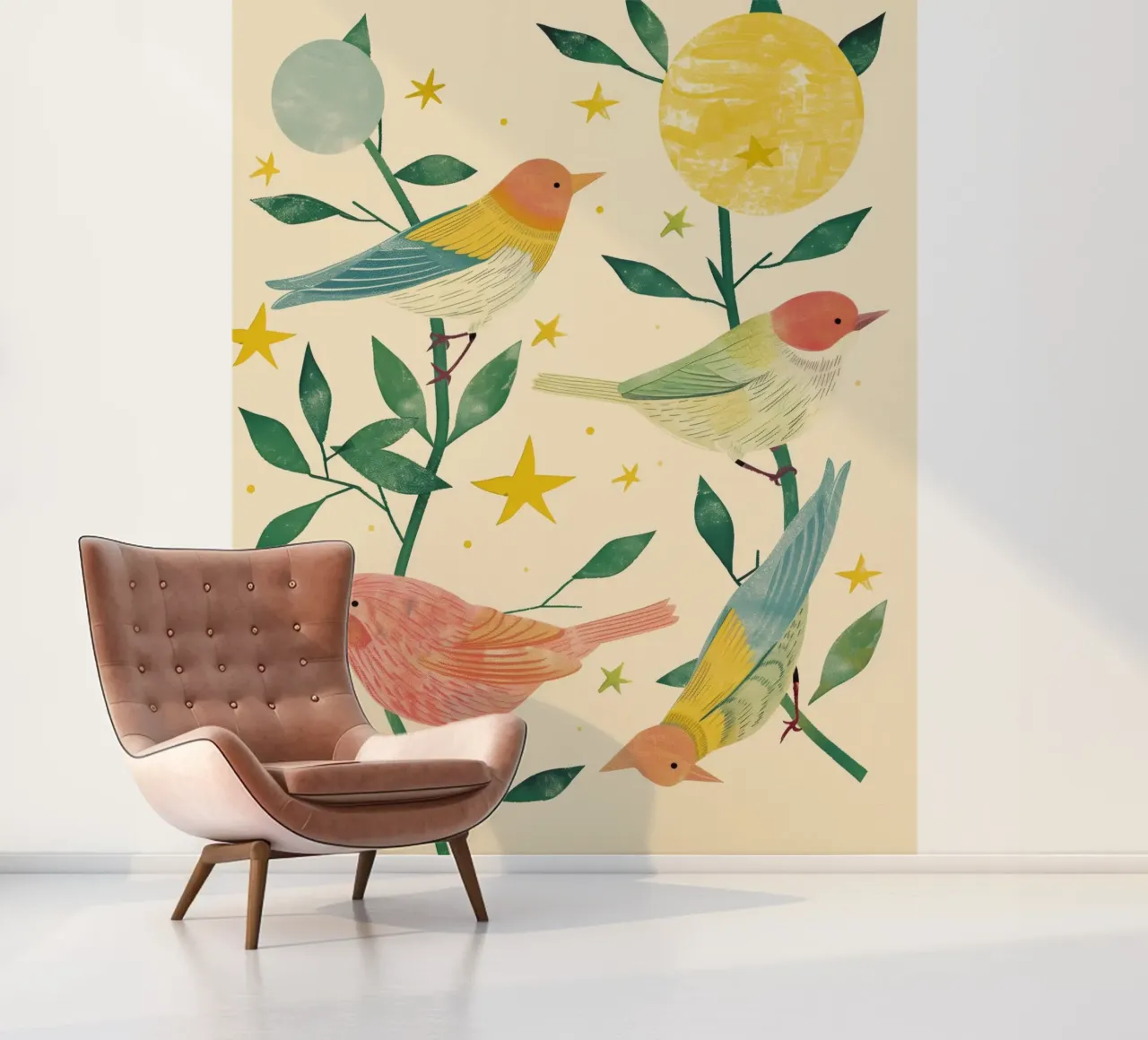 Boho Botanical Birds Cute Animal Moon and Stars Camera dei bambini carta da parati fotografica da Gentle Echoes Art