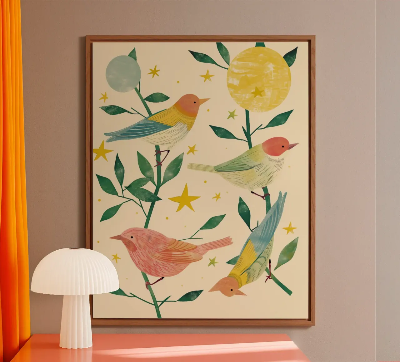 Boho Botanical Birds Cute Animal Moon and Stars Camera dei bambini alluminio dibond da Gentle Echoes Art