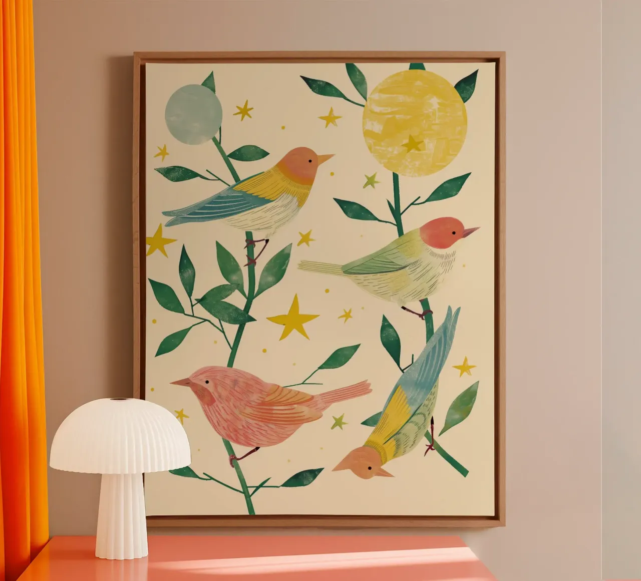 Boho Botanical Birds Cute Animal Moon and Stars Camera dei bambini tela con Cornice a cassetta da Gentle Echoes Art
