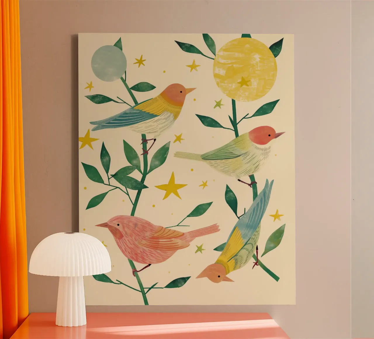 Boho Botanical Birds Cute Animal Moon and Stars Camera dei bambini tela con Cornice a cassetta da Gentle Echoes Art