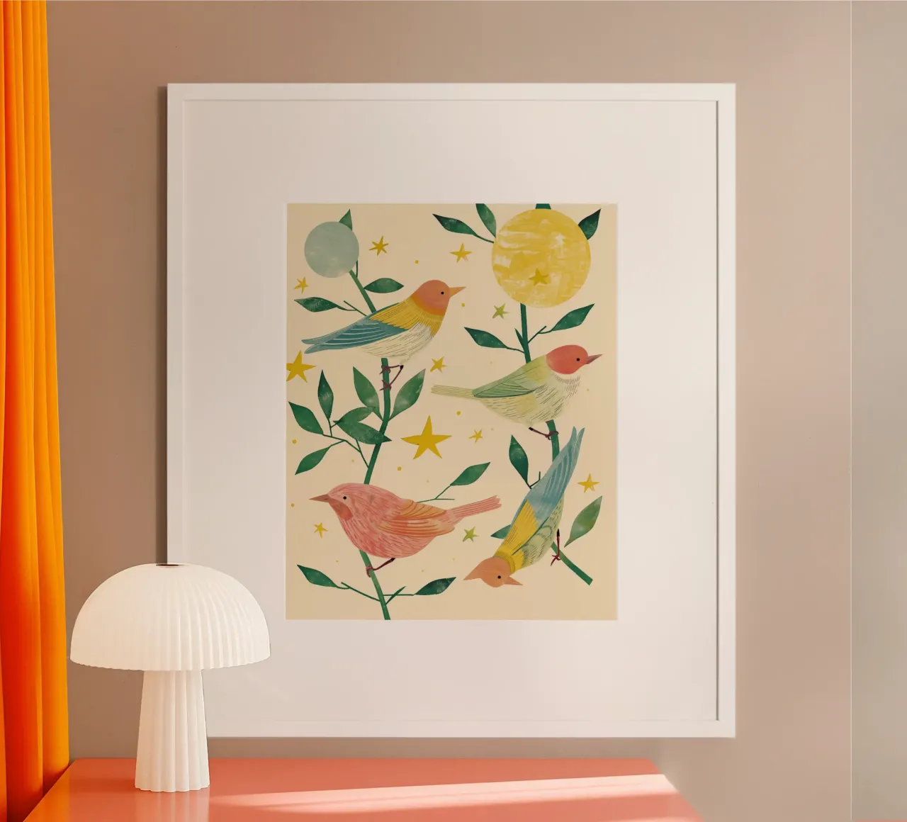 Boho Botanical Birds Cute Animal Moon and Stars Camera dei bambini poster con telaio in alluminio da Gentle Echoes Art