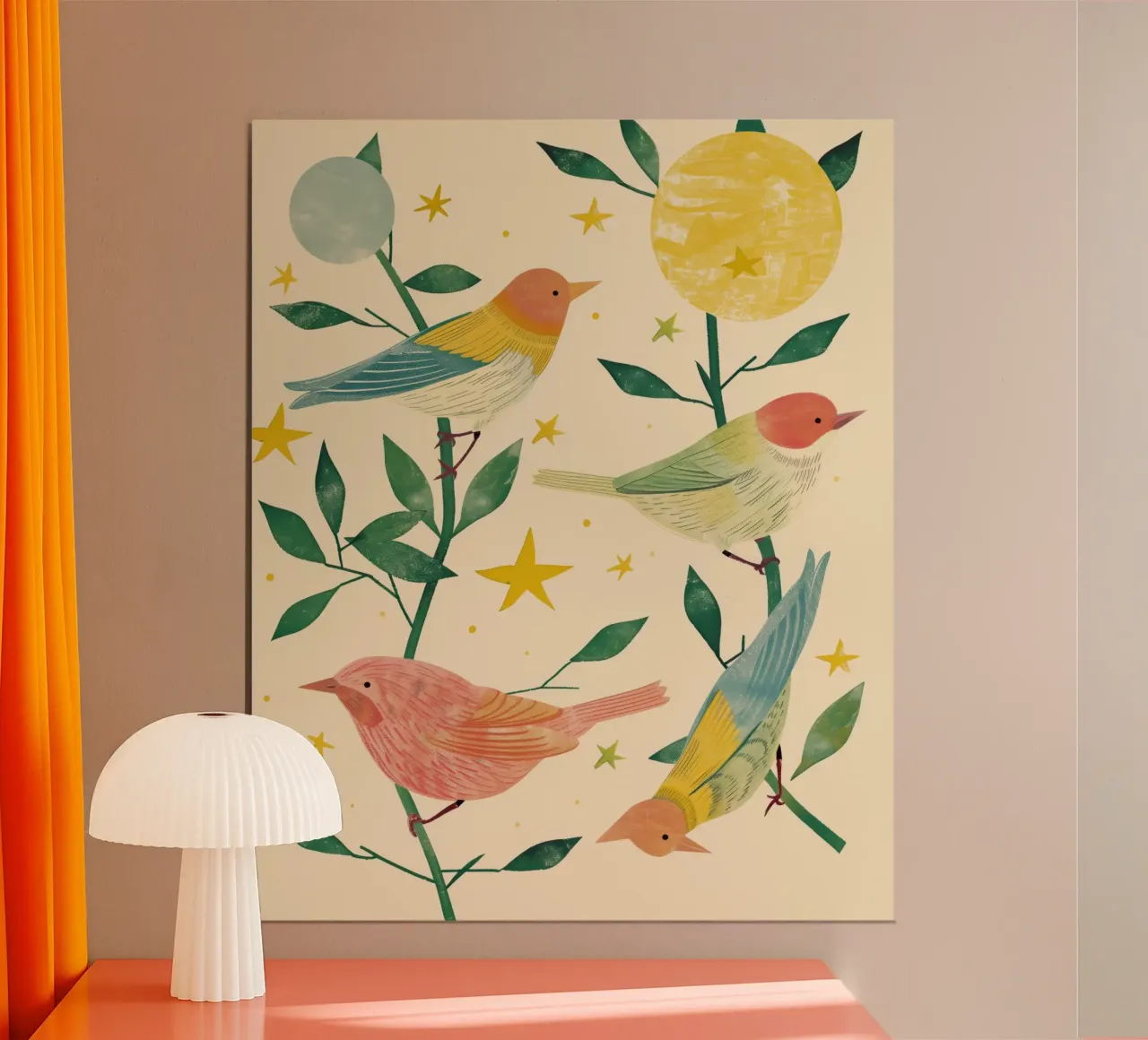 Boho Botanical Birds Cute Animal Moon and Stars Camera dei bambini poster con telaio in alluminio da Gentle Echoes Art