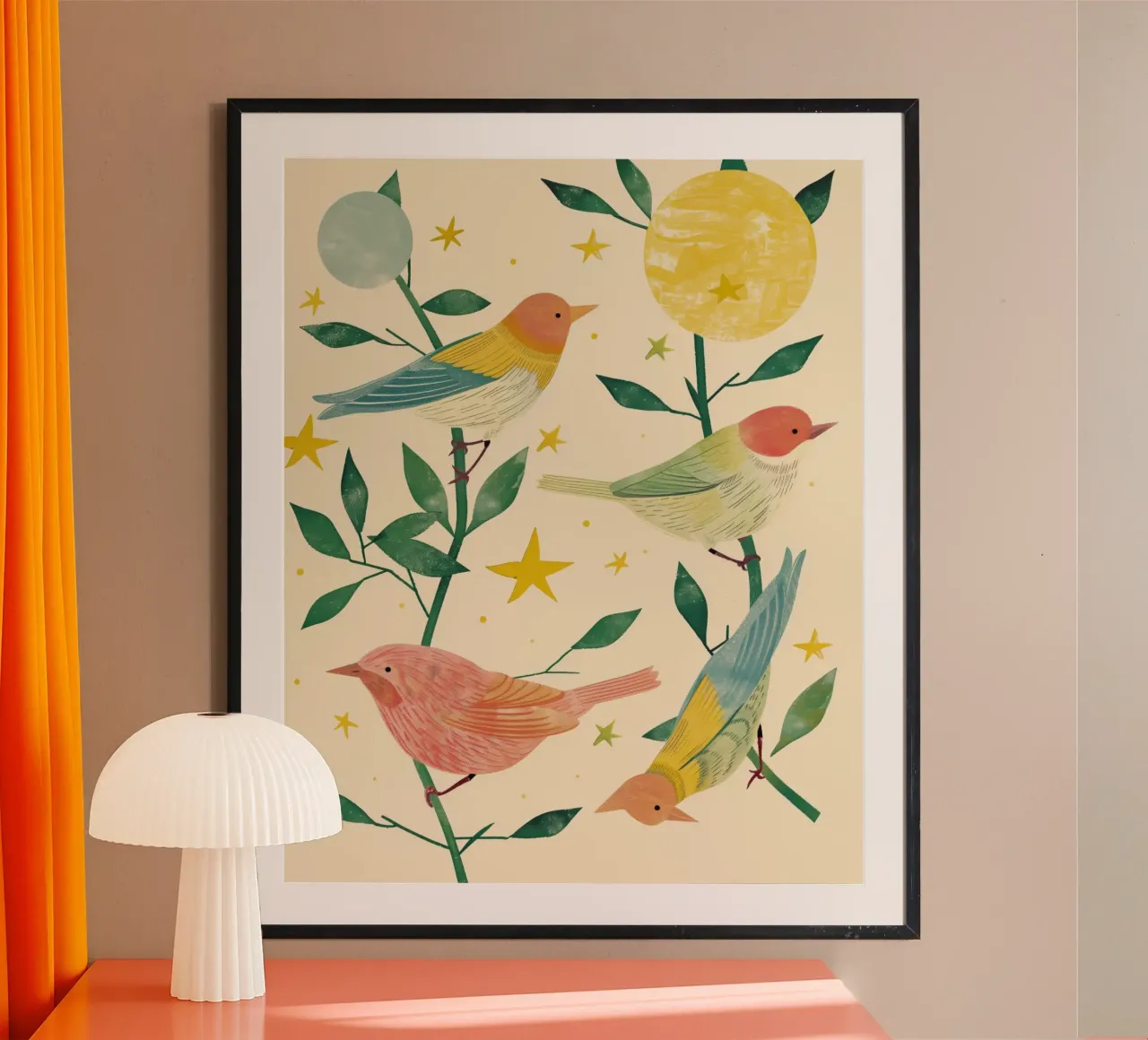 Boho Botanical Birds Cute Animal Moon and Stars Camera dei bambini poster con telaio in alluminio da Gentle Echoes Art