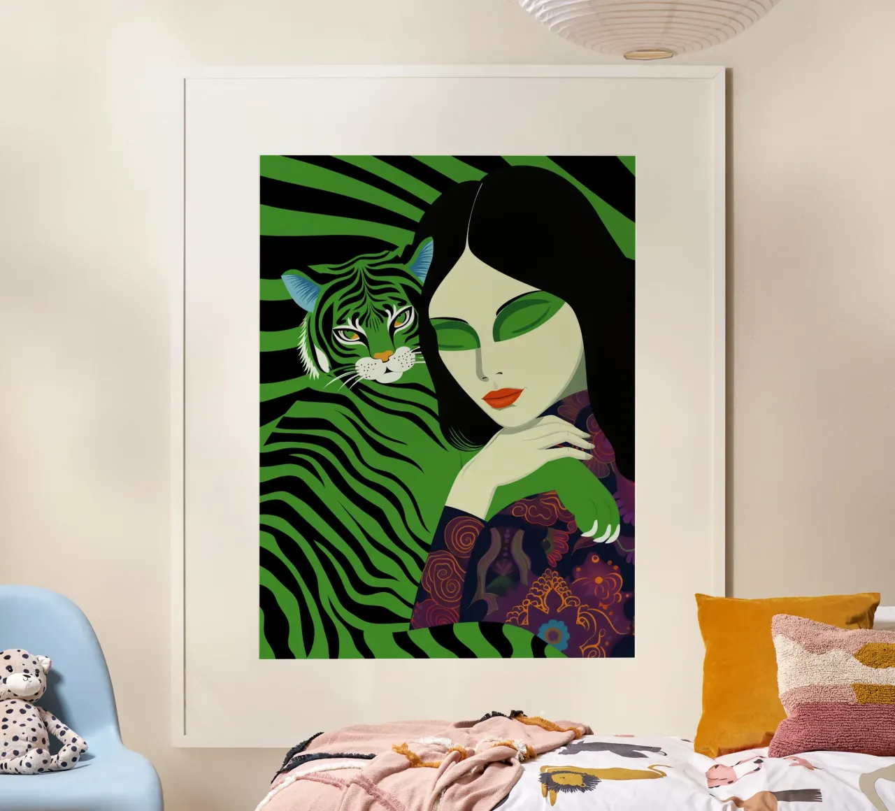 Donna con gatto verde poster con telaio in plastica da Autofocus