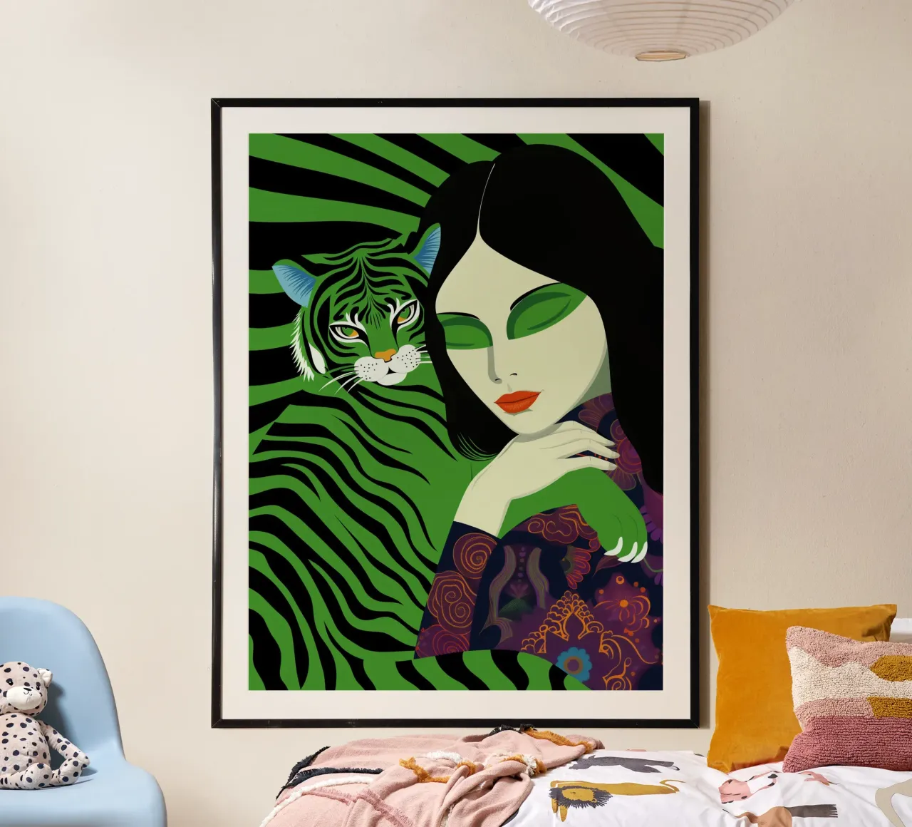 Donna con gatto verde poster con telaio in plastica da Autofocus