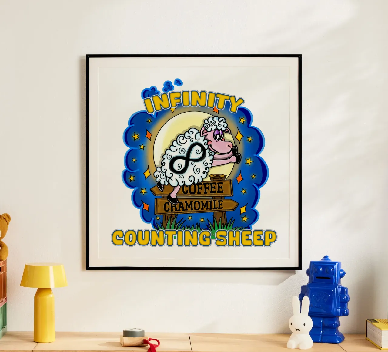 Drôle de comptage de moutons à l'infini Nuits blanches poster avec cadre en aluminium de sillyindustries