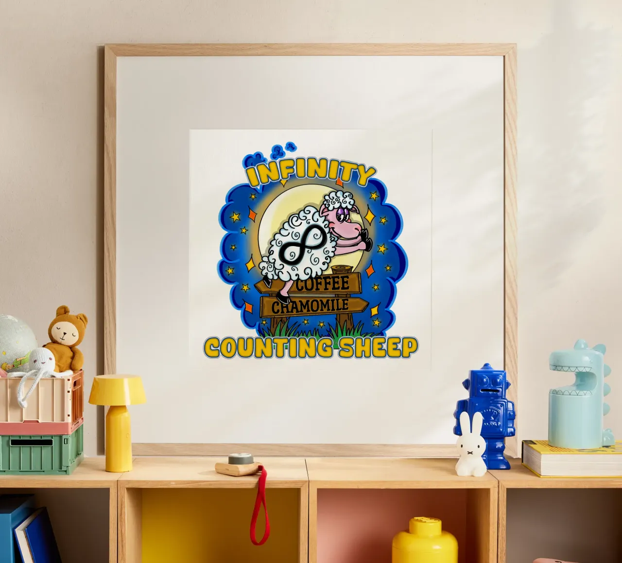 Drôle de comptage de moutons à l'infini Nuits blanches poster avec cadre en aluminium de sillyindustries