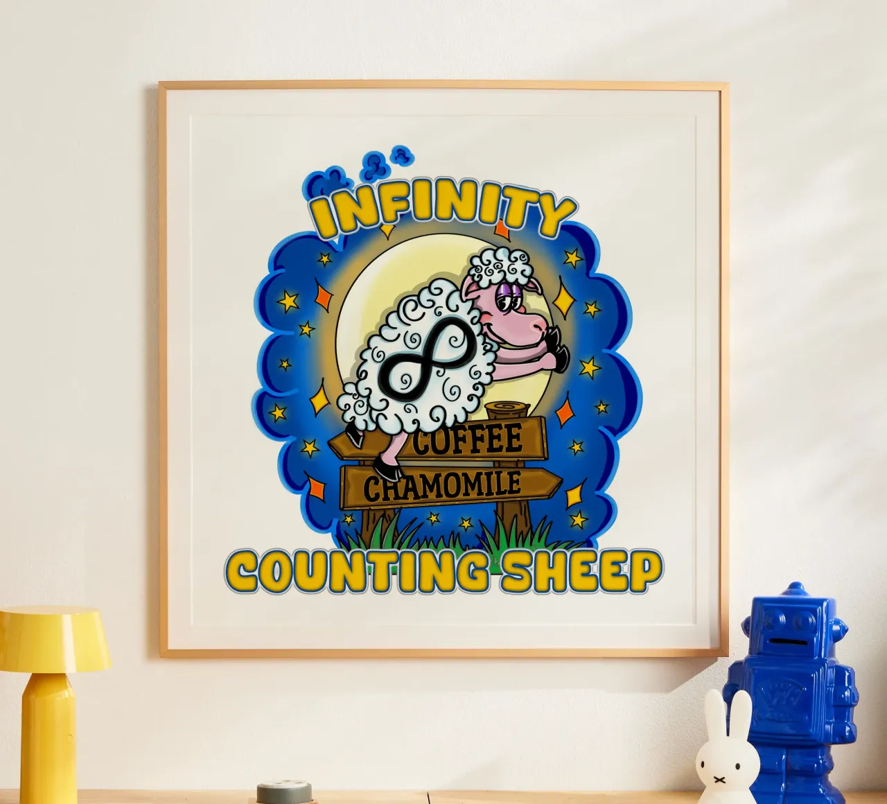 Drôle de comptage de moutons à l'infini Nuits blanches poster avec cadre en aluminium de sillyindustries