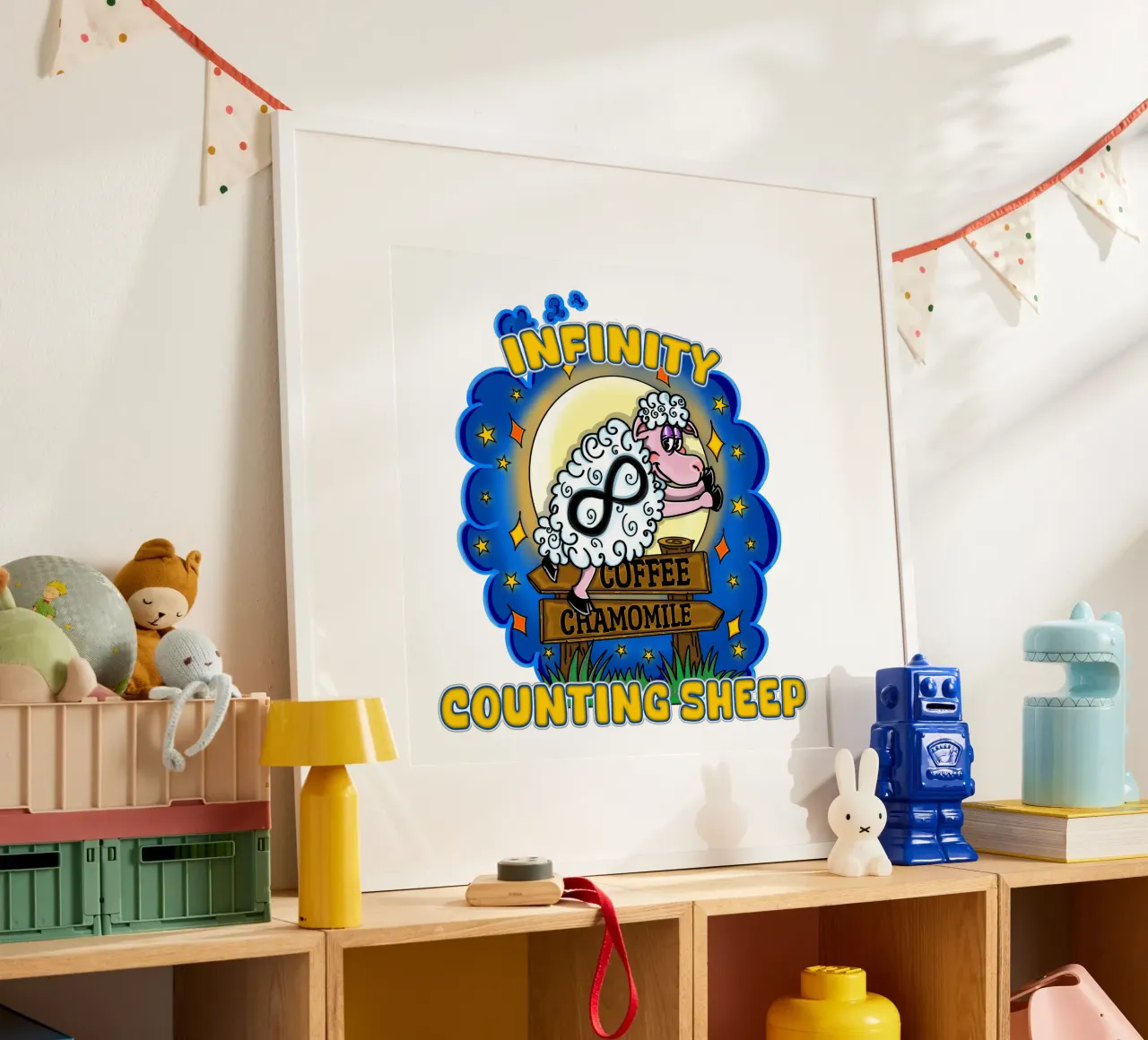Drôle de comptage de moutons à l'infini Nuits blanches poster avec cadre en aluminium de sillyindustries