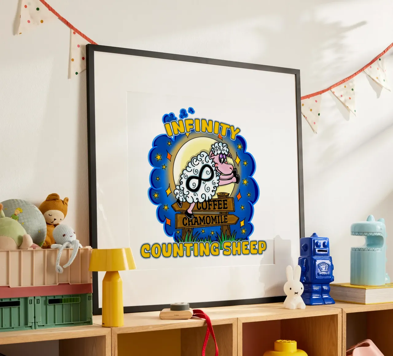 Drôle de comptage de moutons à l'infini Nuits blanches poster avec cadre en aluminium de sillyindustries