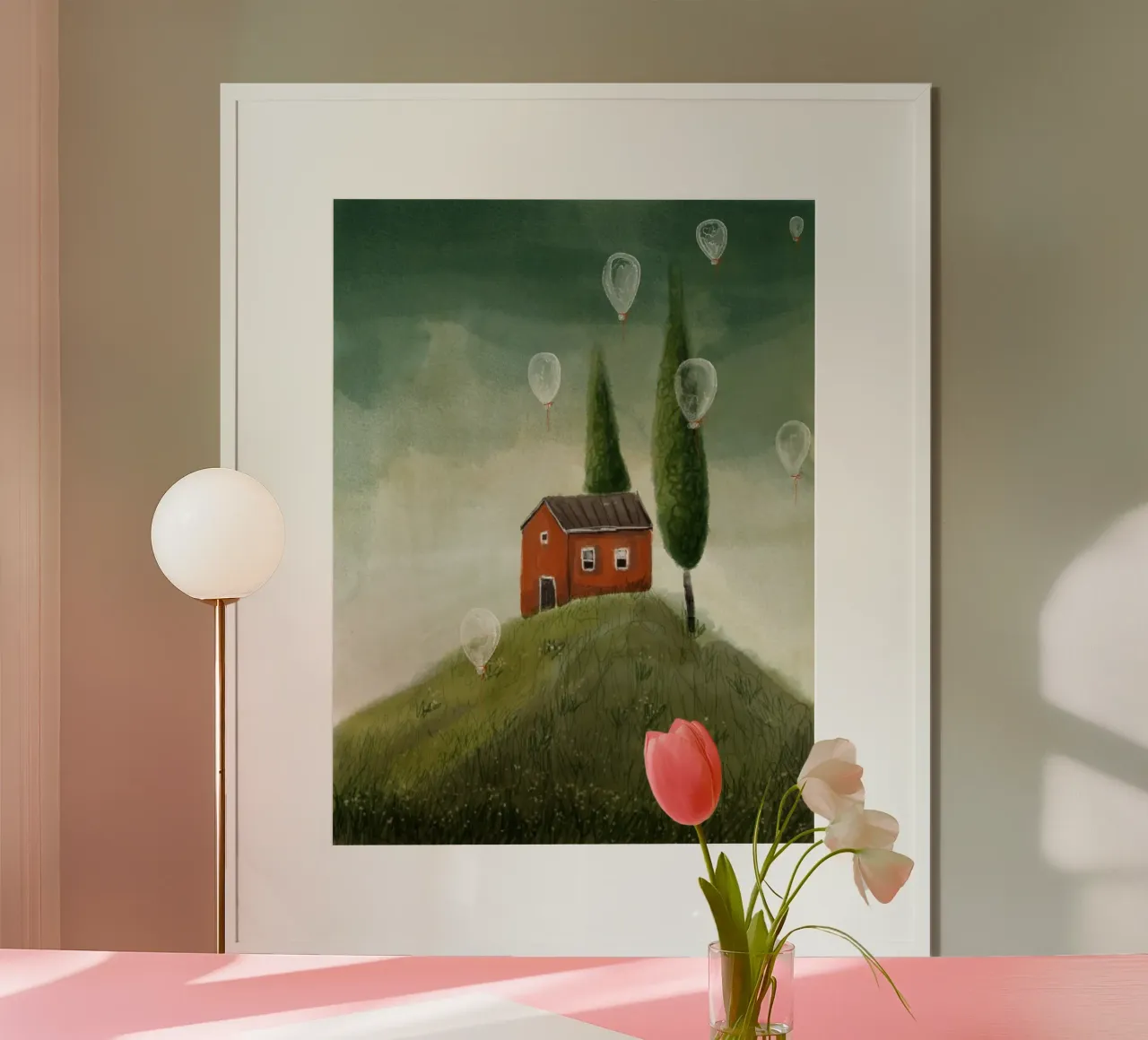 La casa rossa e i palloncini poster con telaio in plastica da Indigo Rain