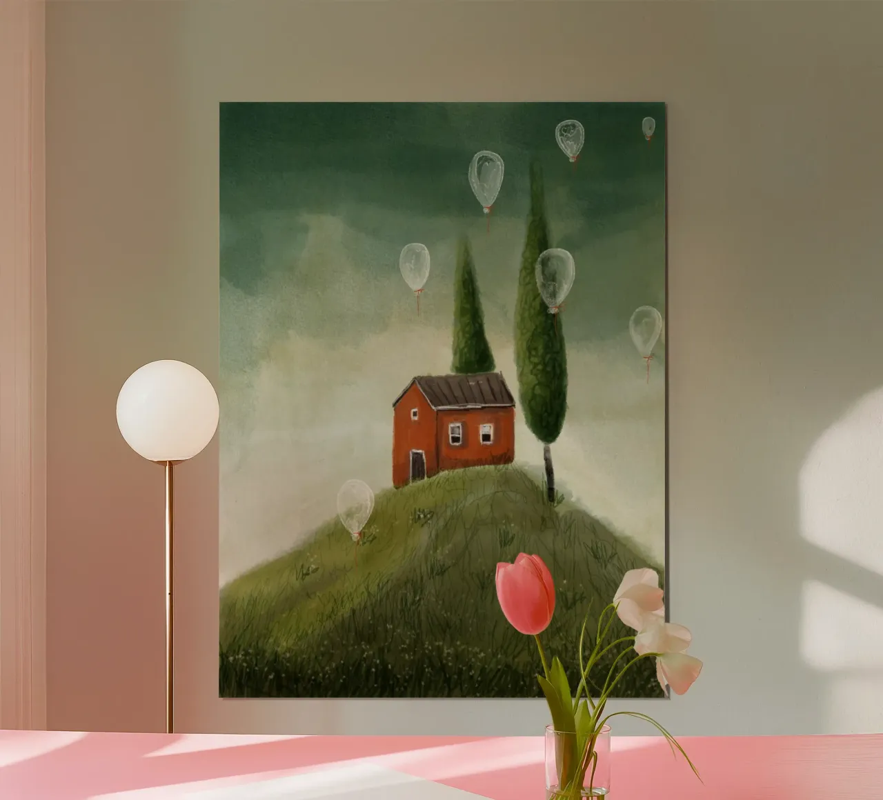 La casa rossa e i palloncini poster con telaio in plastica da Indigo Rain