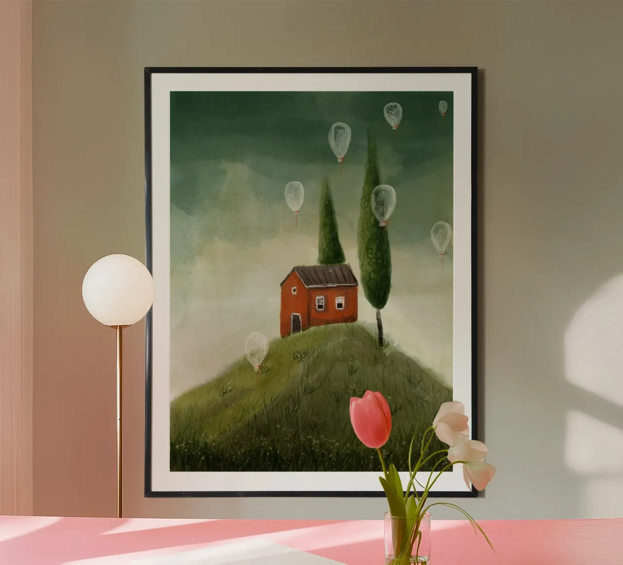 La casa rossa e i palloncini poster con telaio in plastica da Indigo Rain