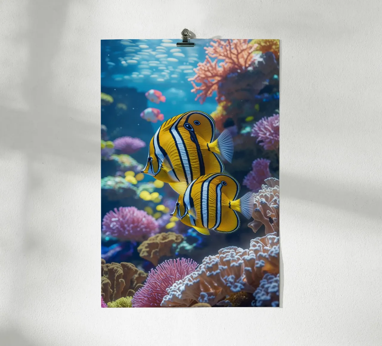 Vibrant Butterflyfish in Coral Paradise poster con telaio in alluminio da AlbertKlee