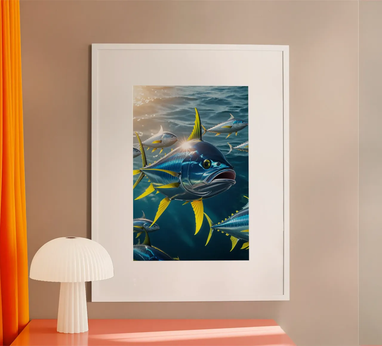 Yellowfin Tuna Swimming in Sunlit Depths poster con telaio in plastica da AlbertKlee