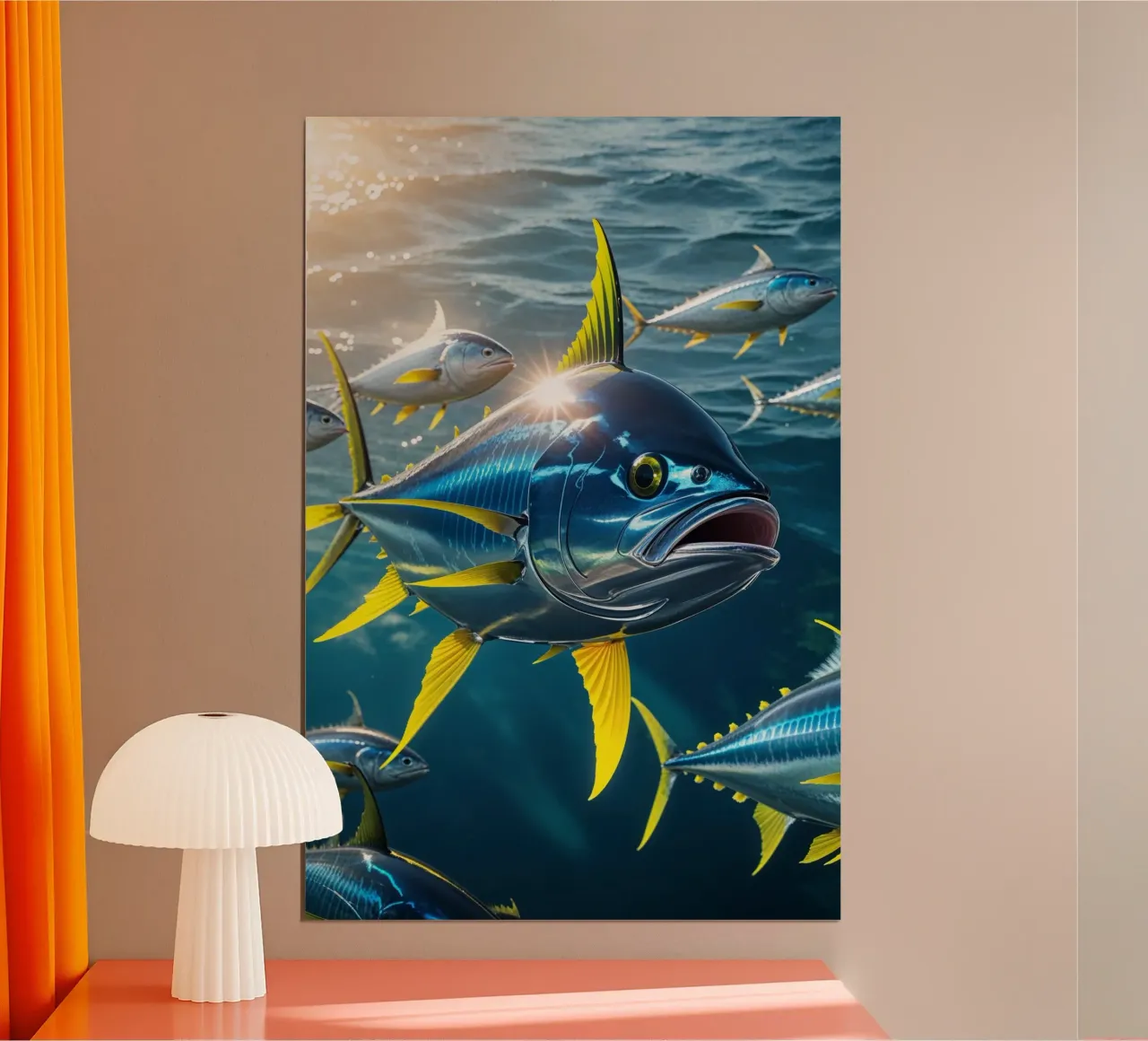 Yellowfin Tuna Swimming in Sunlit Depths poster con telaio in plastica da AlbertKlee