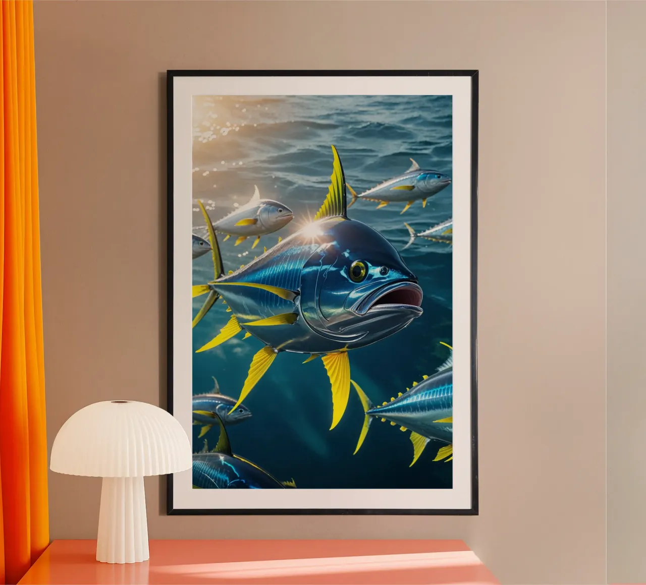 Yellowfin Tuna Swimming in Sunlit Depths poster con telaio in plastica da AlbertKlee