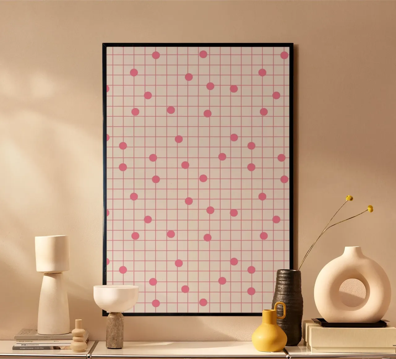 Dotline Pink poster con telaio in legno da Charlotte Winter