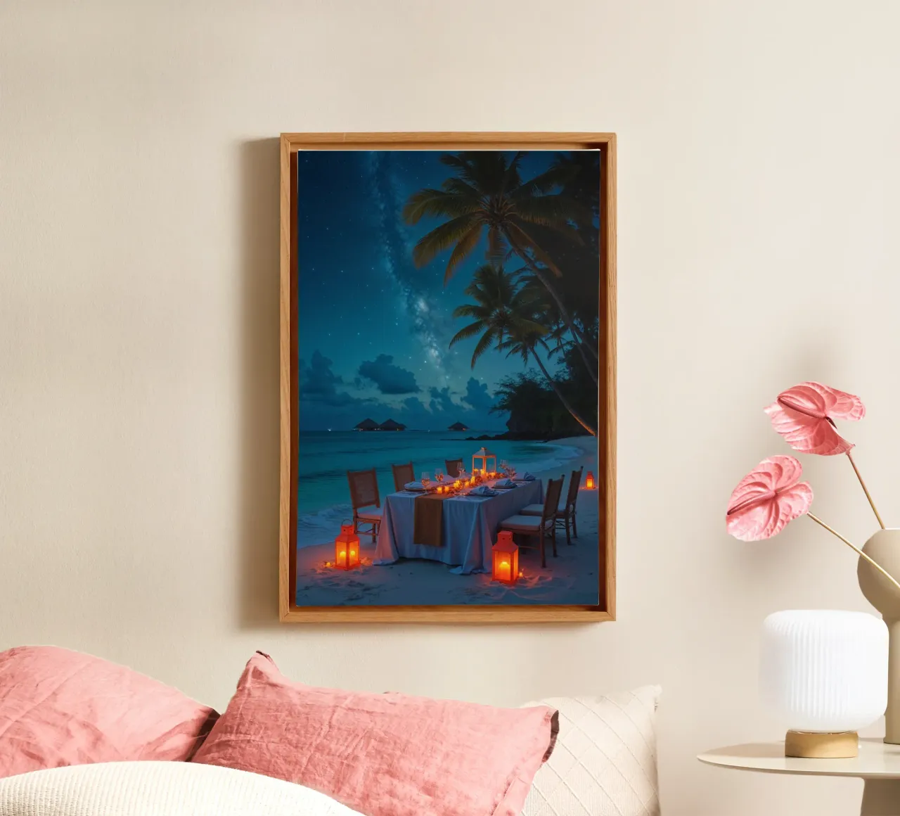Serene Lantern-Lit Beachside Dining tela con Cornice a cassetta da AlbertKlee