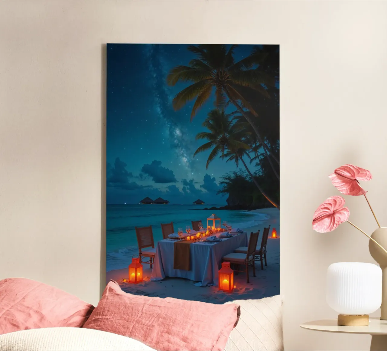 Serene Lantern-Lit Beachside Dining tela con Cornice a cassetta da AlbertKlee
