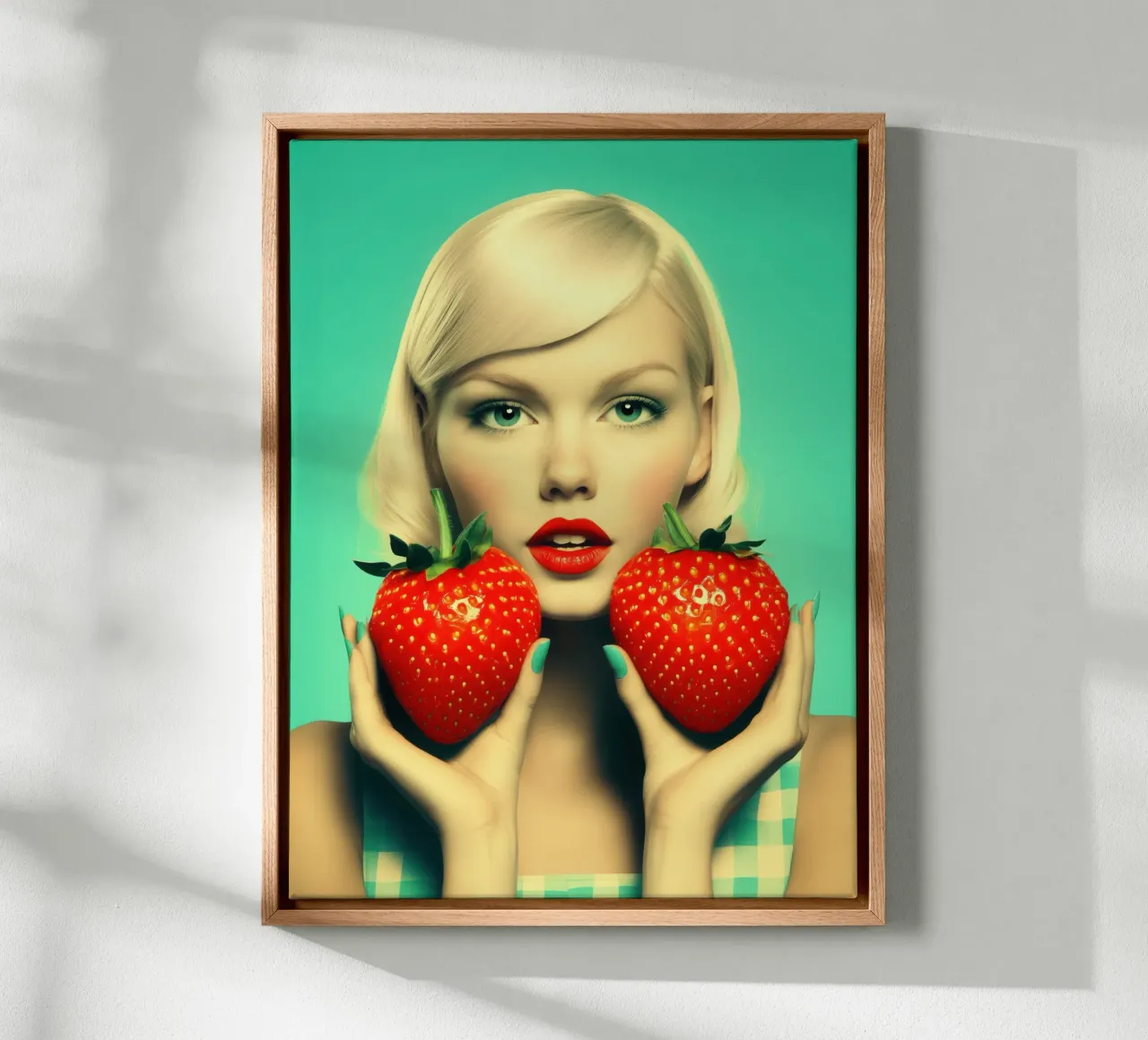Ragazza bionda alla fragola - Poster cucina retrò tela con Cornice a cassetta da Autofocus