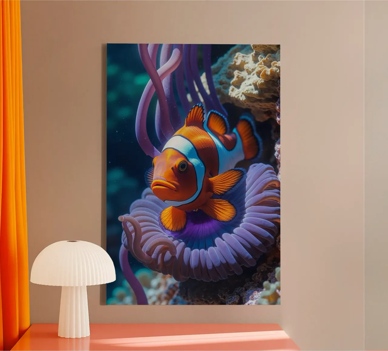 Orange Clownfish Guarding its Anemone Home tela da AlbertKlee