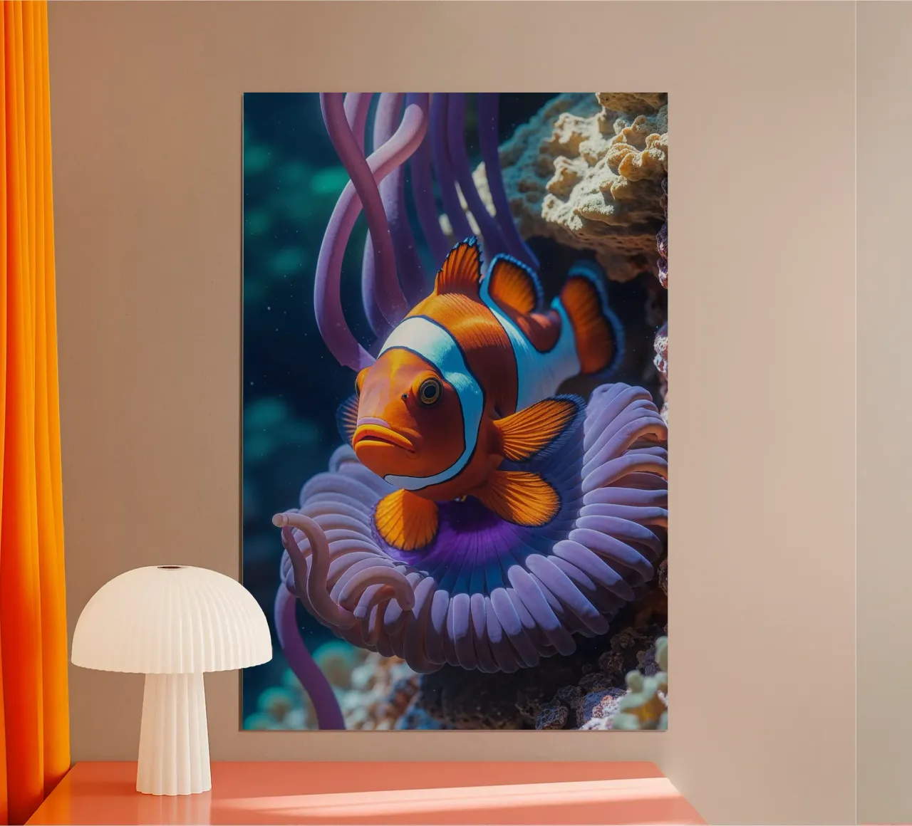 Orange Clownfish Guarding its Anemone Home poster con telaio in alluminio da AlbertKlee