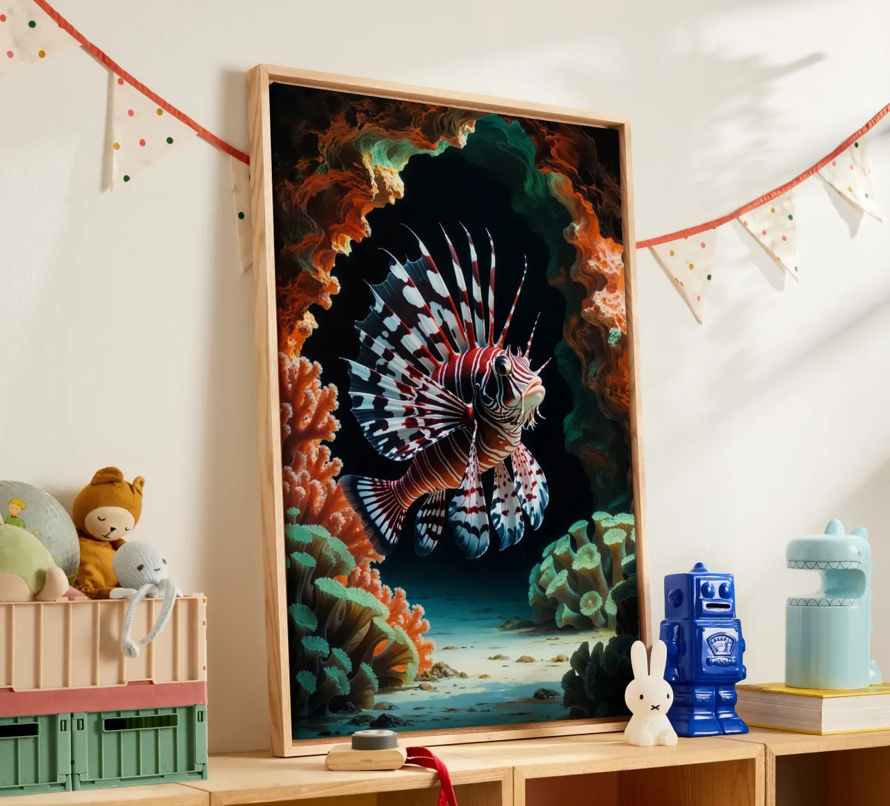 Lionfish in a Fiery Coral Arch tela con Cornice a cassetta da AlbertKlee