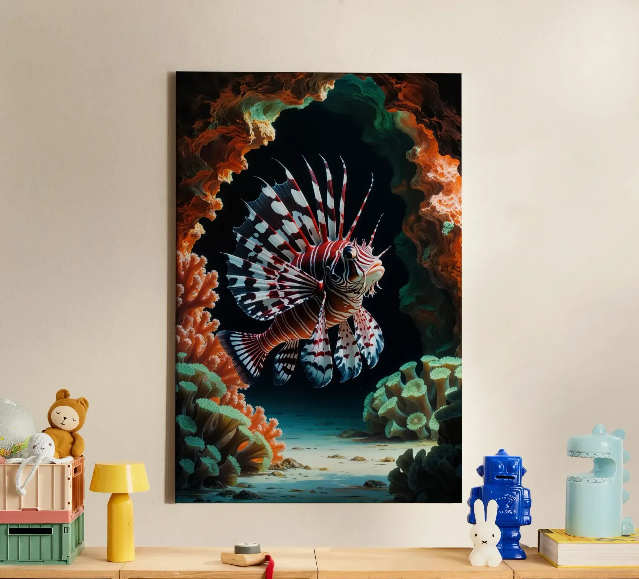 Lionfish in a Fiery Coral Arch tela con Cornice a cassetta da AlbertKlee