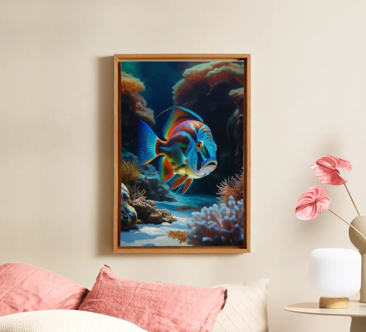 Mandarin Fish in Dazzling Coral Reef tela con Cornice a cassetta da AlbertKlee