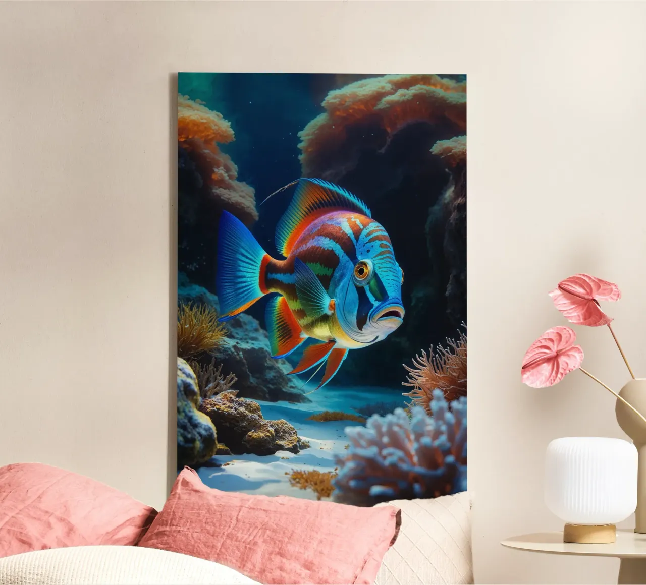Mandarin Fish in Dazzling Coral Reef tela con Cornice a cassetta da AlbertKlee