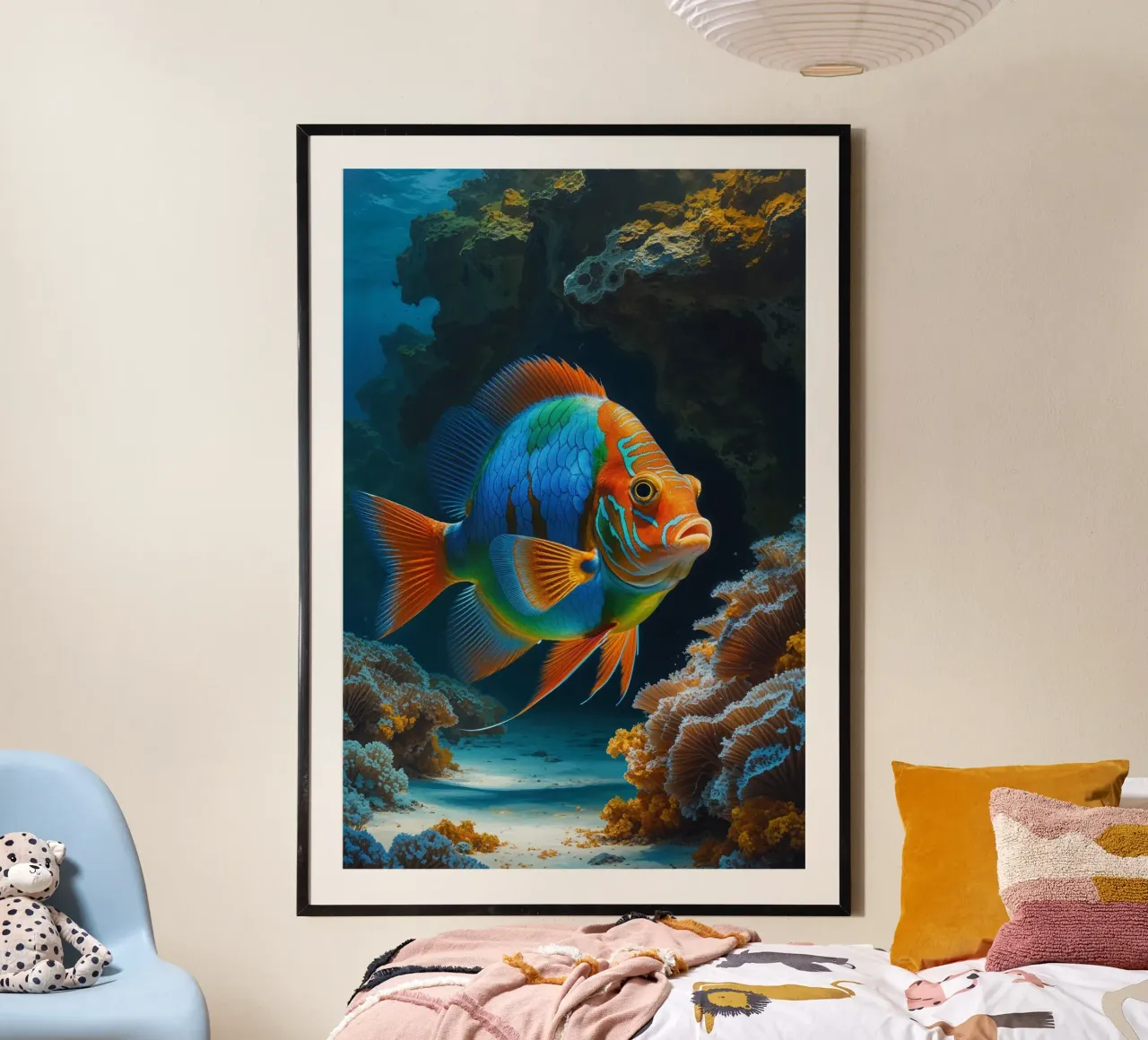 Dynamic Mandarin Fish in Coral Wonderland poster con telaio in alluminio da AlbertKlee