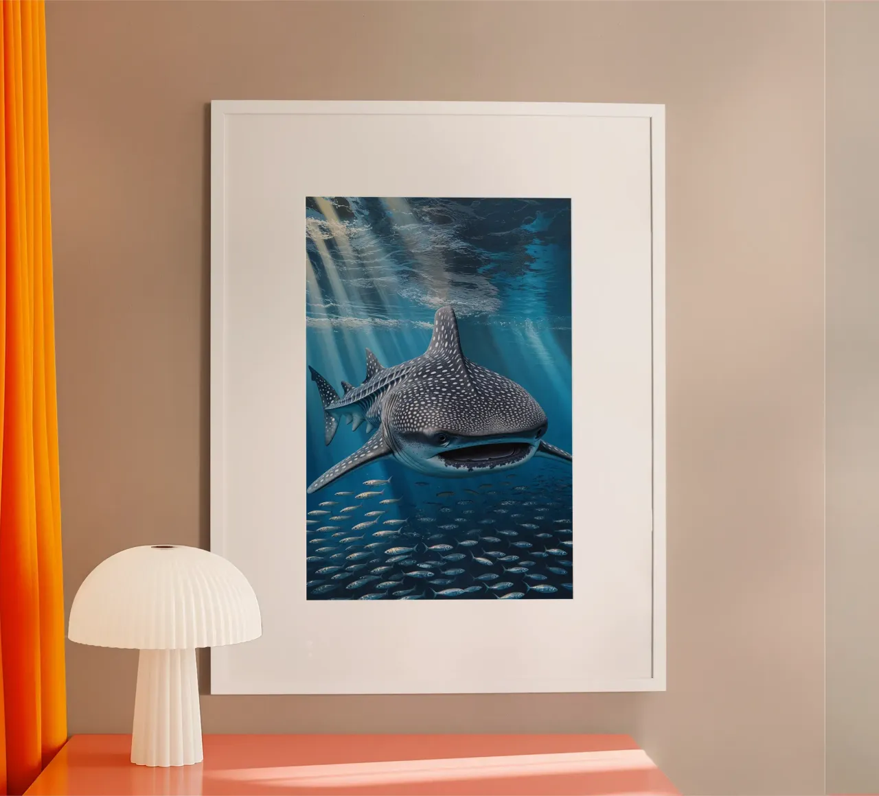 Whale Shark and School of Fish in Blue Symphony poster con telaio in alluminio da AlbertKlee