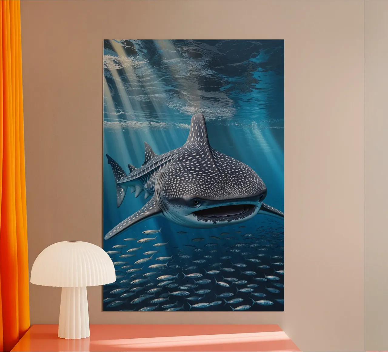 Whale Shark and School of Fish in Blue Symphony poster con telaio in alluminio da AlbertKlee