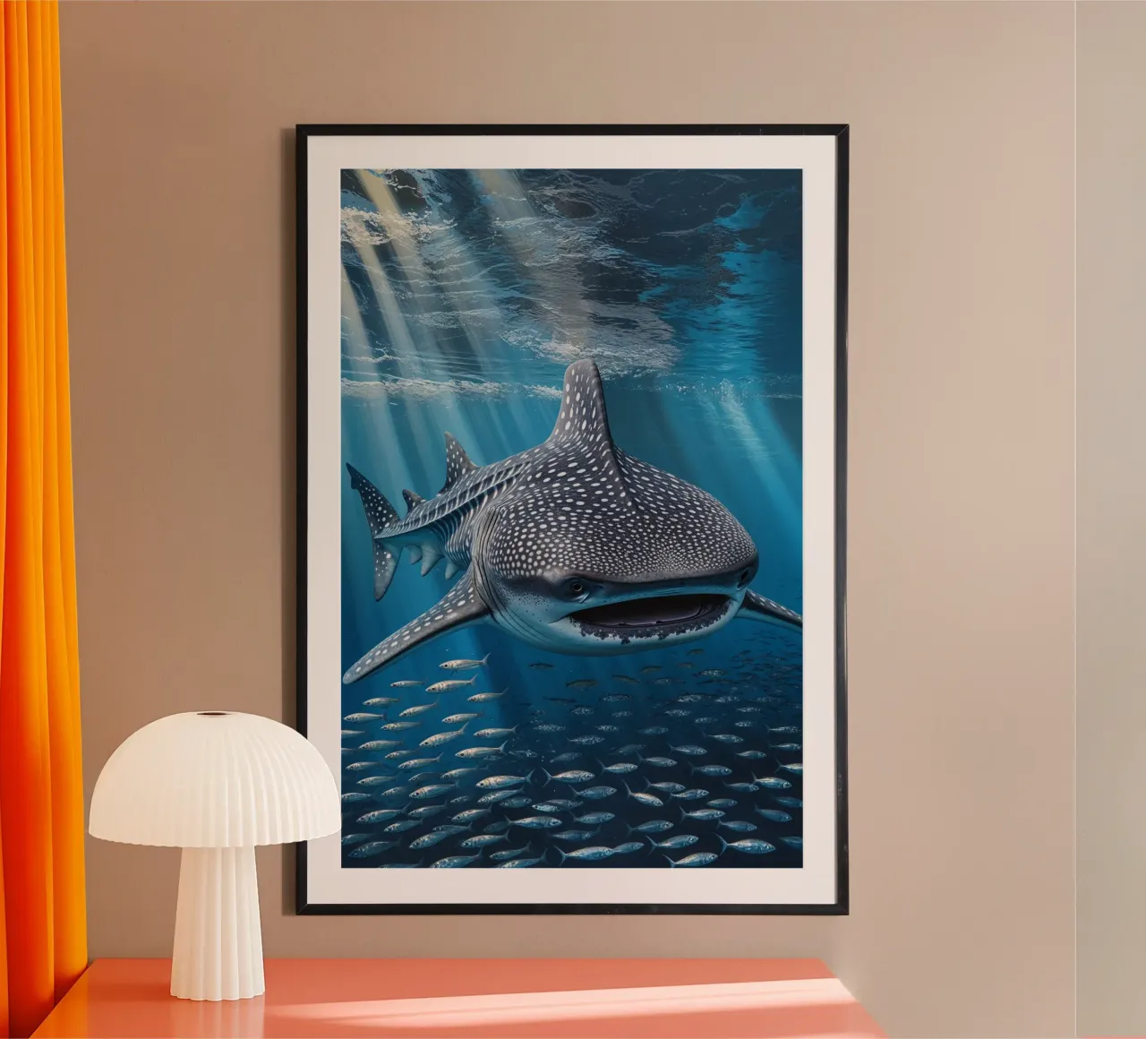 Whale Shark and School of Fish in Blue Symphony poster con telaio in alluminio da AlbertKlee