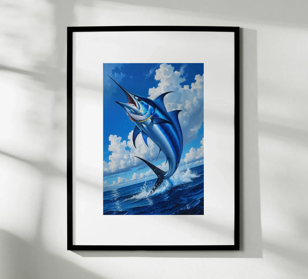 Majestic Blue Marlin Leaping from the Ocean poster con telaio in plastica da AlbertKlee