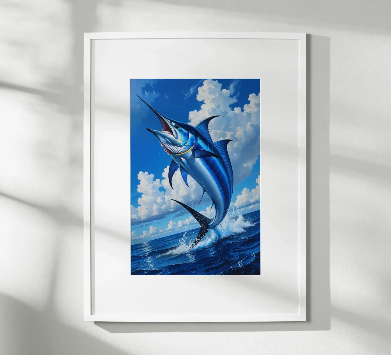 Majestic Blue Marlin Leaping from the Ocean poster con telaio in plastica da AlbertKlee