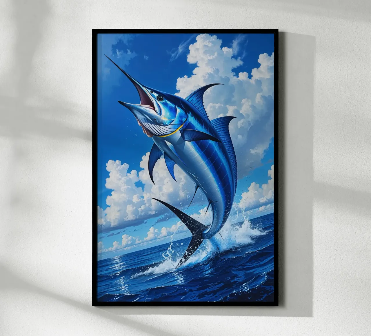 Majestic Blue Marlin Leaping from the Ocean poster con telaio in plastica da AlbertKlee