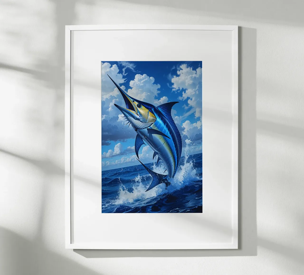 Blue Marlin in Full Flight poster con telaio in plastica da AlbertKlee