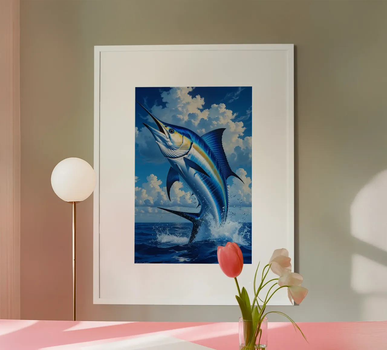 Splendid Marlin Against a Vibrant Sky poster con telaio in plastica da AlbertKlee
