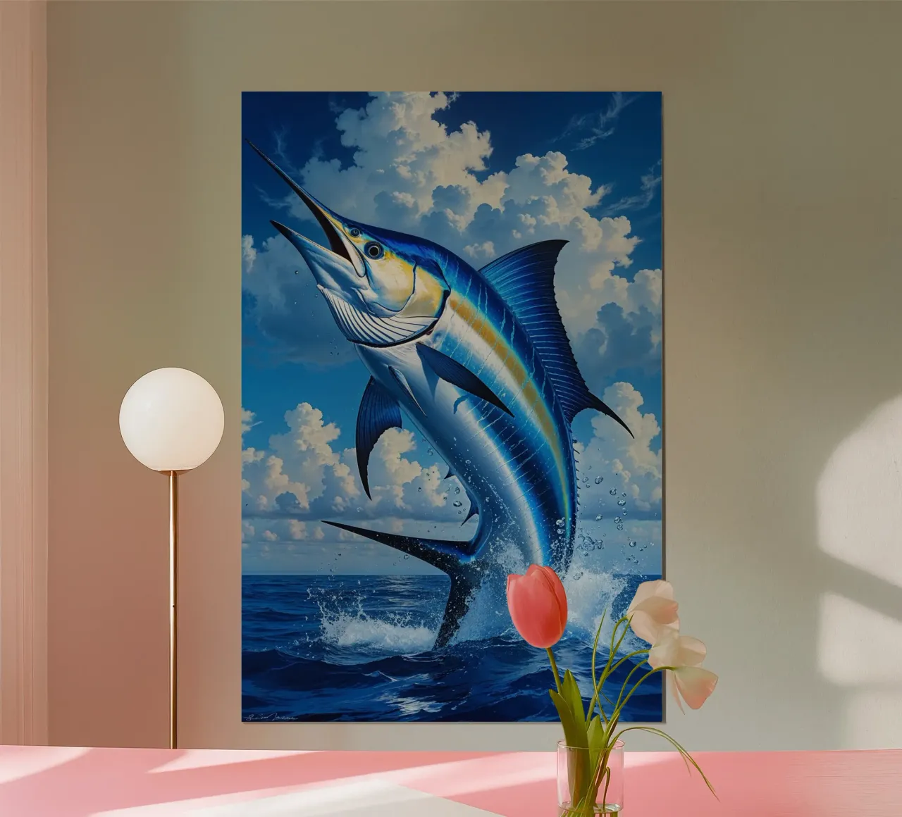Splendid Marlin Against a Vibrant Sky poster con telaio in plastica da AlbertKlee