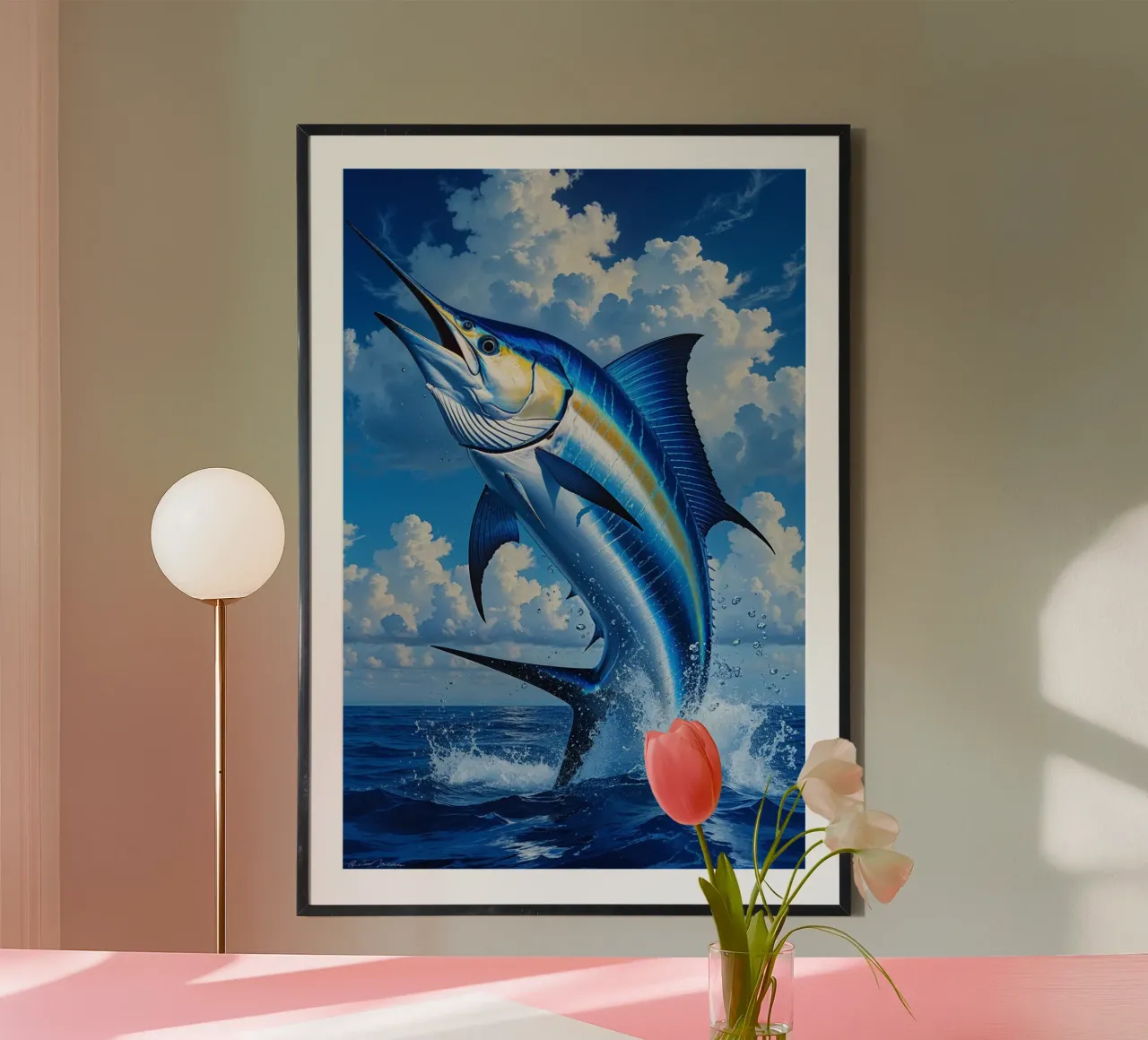Splendid Marlin Against a Vibrant Sky poster con telaio in plastica da AlbertKlee