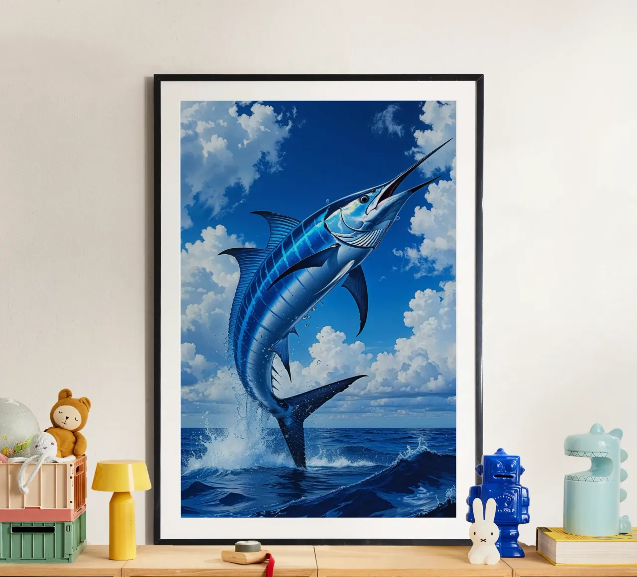 Blue Marlin’s Leap into the Sky poster con telaio in plastica da AlbertKlee