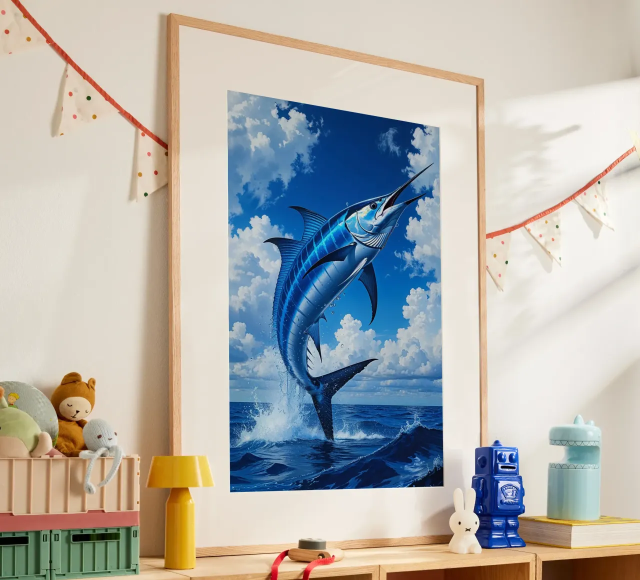 Blue Marlin’s Leap into the Sky poster con telaio in plastica da AlbertKlee