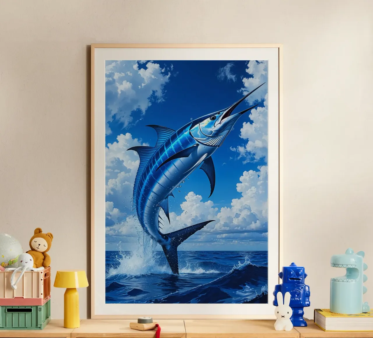 Blue Marlin’s Leap into the Sky poster con telaio in plastica da AlbertKlee