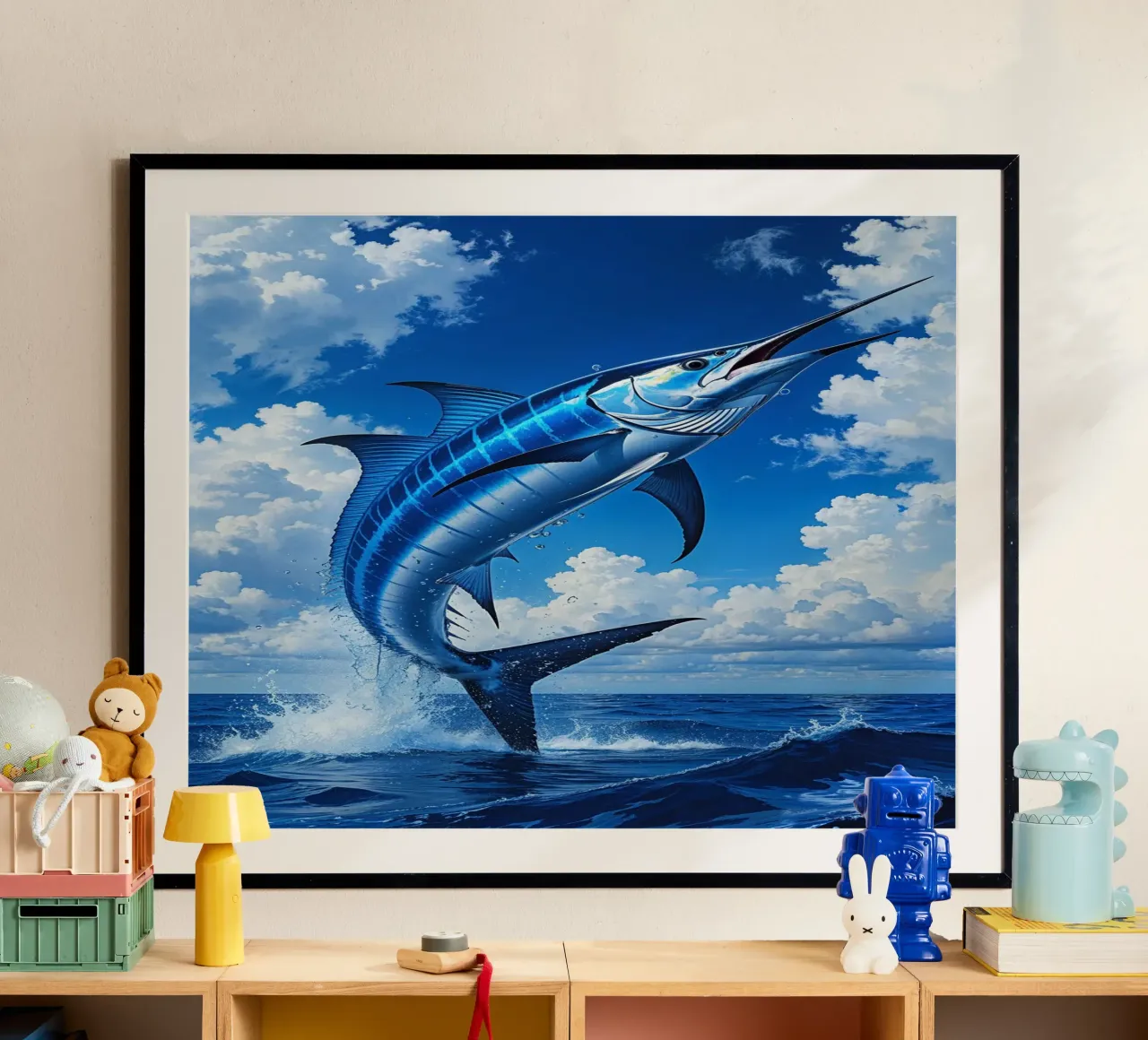 Blue Marlin’s Leap into the Sky poster con telaio in plastica da AlbertKlee