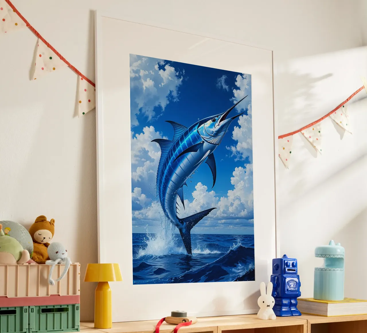 Blue Marlin’s Leap into the Sky poster con telaio in plastica da AlbertKlee