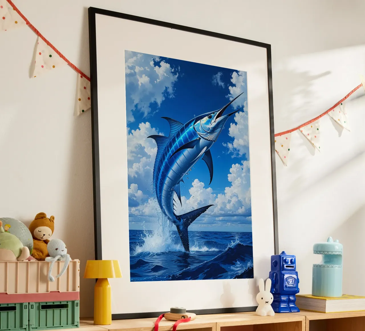 Blue Marlin’s Leap into the Sky poster con telaio in plastica da AlbertKlee
