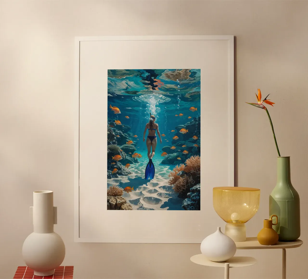 Snorkeler in a Pristine Coral Wonderland poster da AlbertKlee